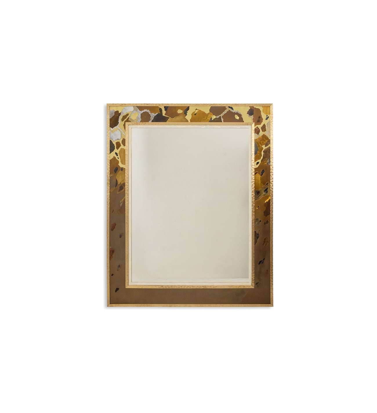 Miroir en marqueterie de laiton oxydé et patiné. Travail d’artiste