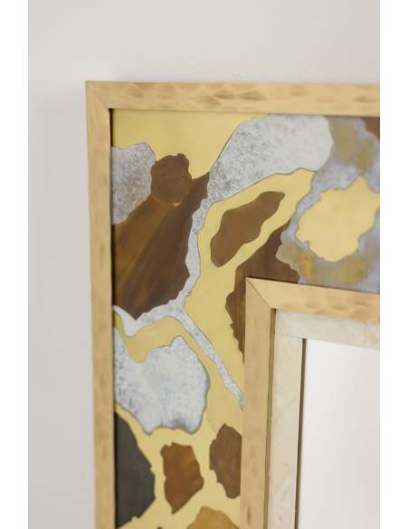 Miroir en marqueterie de laiton oxydé et patiné. Travail d’artiste -Bozaart