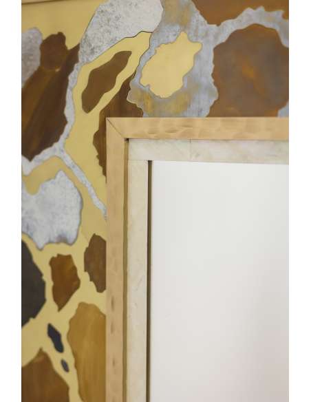 Miroir en marqueterie de laiton oxydé et patiné. Travail d’artiste -Bozaart
