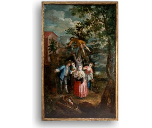 Huile sur toile représentant une cueillette. XVIIIe siècle.