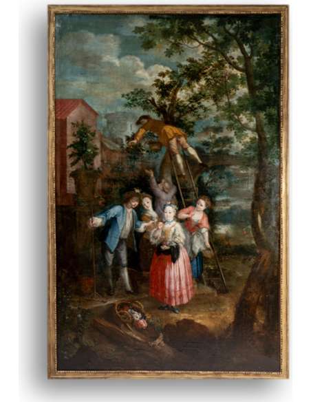 Huile sur toile représentant une cueillette. XVIIIe siècle. -Bozaart