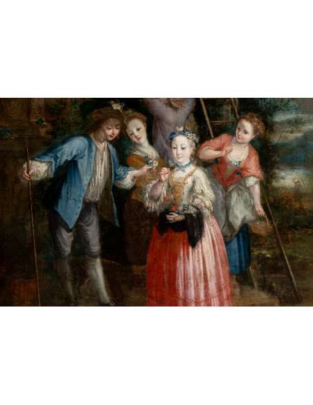Huile sur toile représentant une cueillette. XVIIIe siècle. -Bozaart