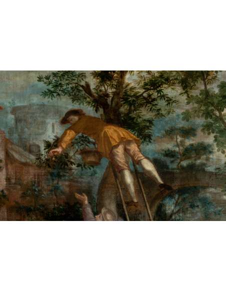 Huile sur toile représentant une cueillette. XVIIIe siècle. -Bozaart