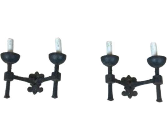 Pair of Gothic Style Wrought Iron Wall Lights with 2 Arms
