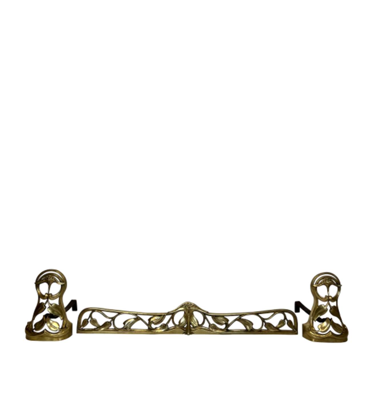 Pair of Art Nouveau Bronze Andirons Decorated with Flowers and Foliage