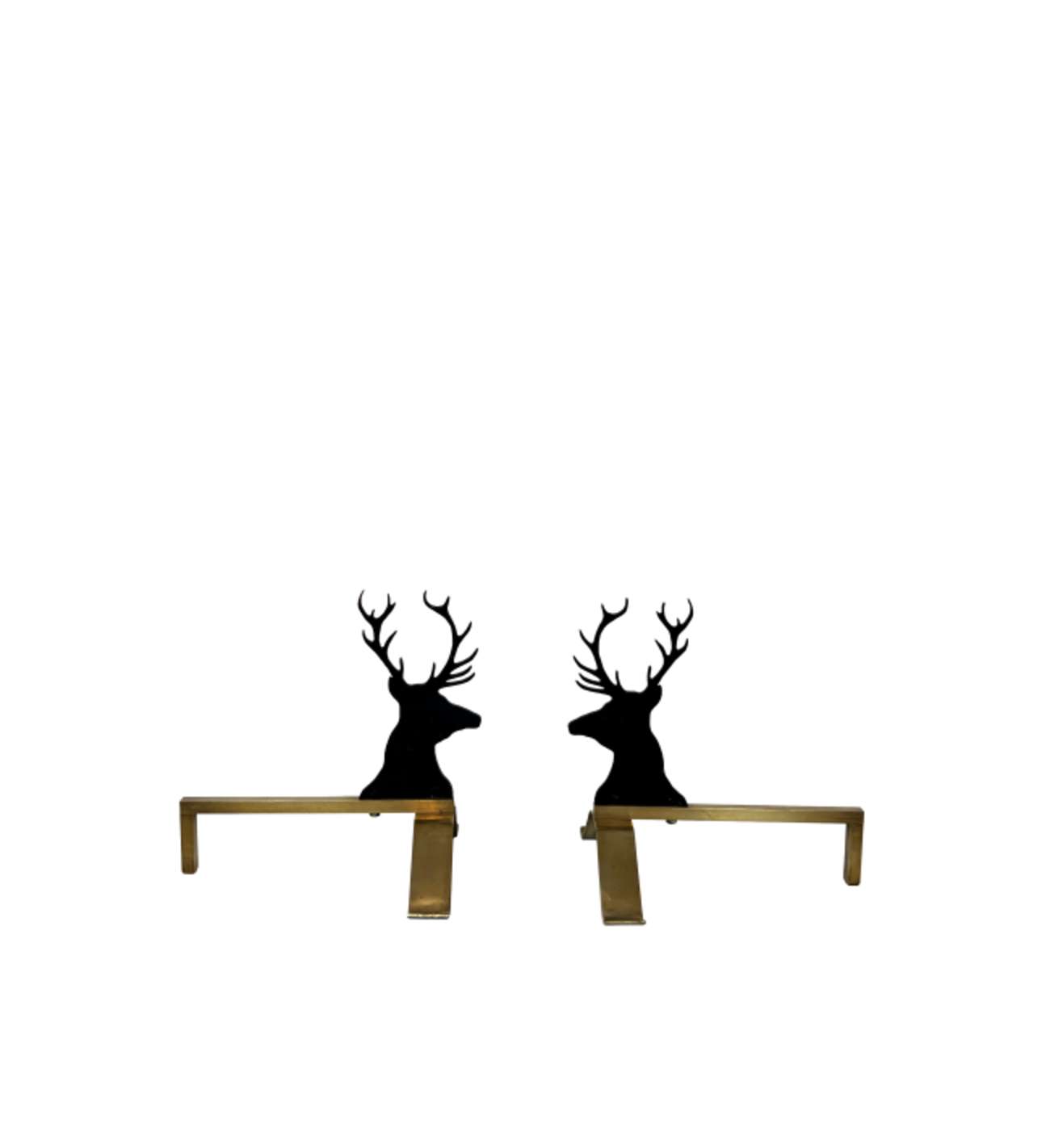 Pair of Black Lacquered Steel and Brass Deer Andirons