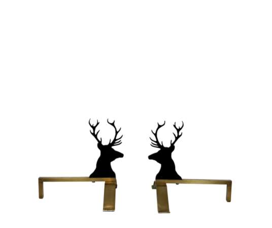 Paire de Chenets Aux Cerfs en Acier Laqué Noir et Laiton