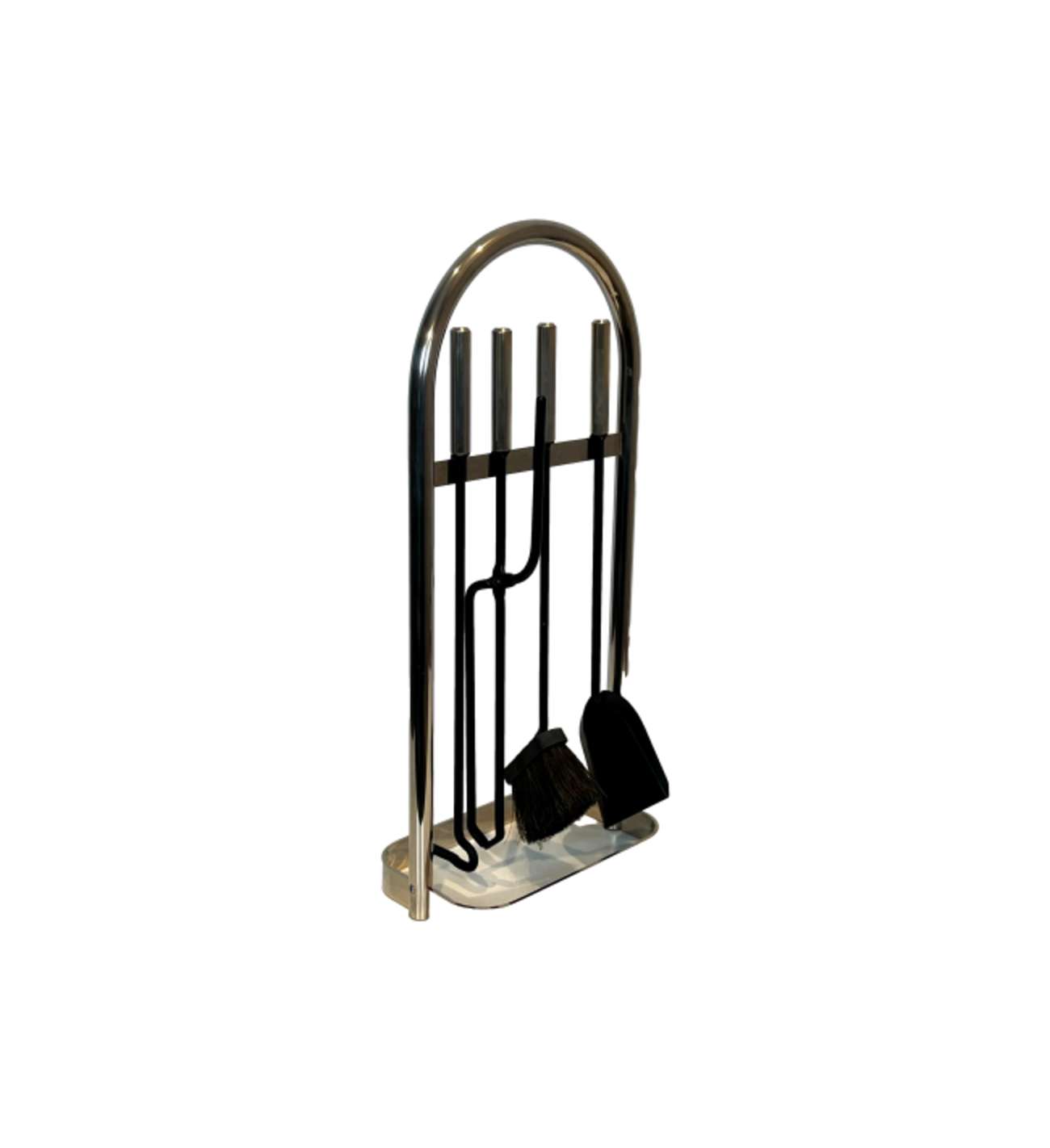 Black Lacquered and Chrome Design Fireplace Tools on Stand