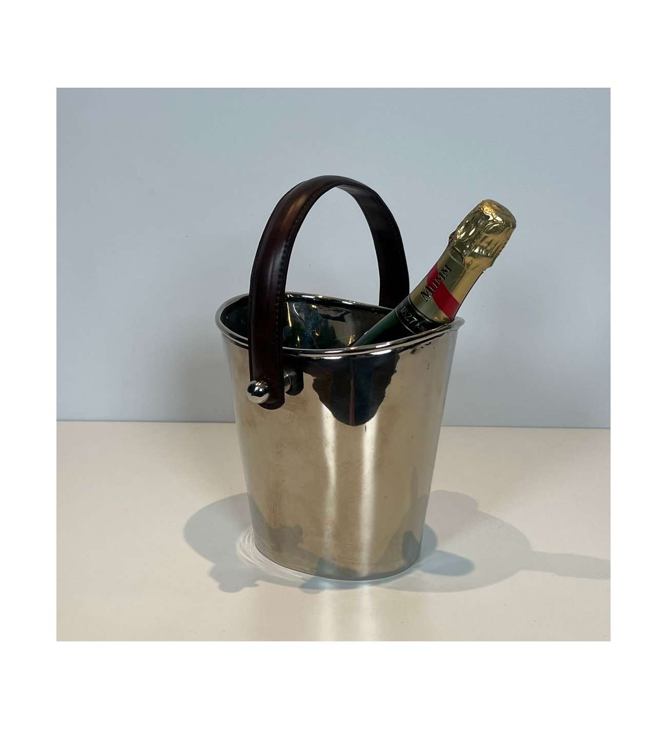 Seau à Champagne en Métal Argenté et Cuir