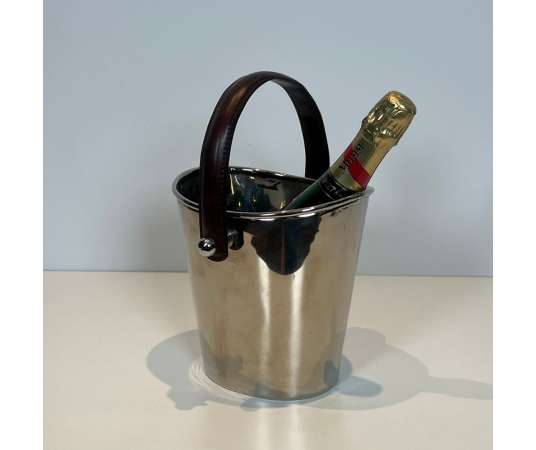 Seau à Champagne en Métal Argenté et Cuir