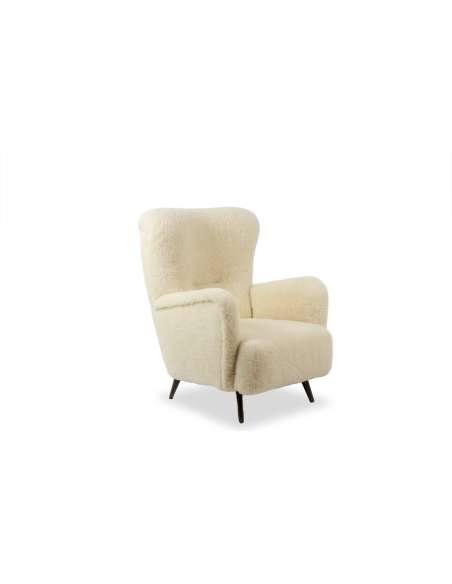 Armchair, or bergère, with its bouclette fabric. 1950s -Bozaart