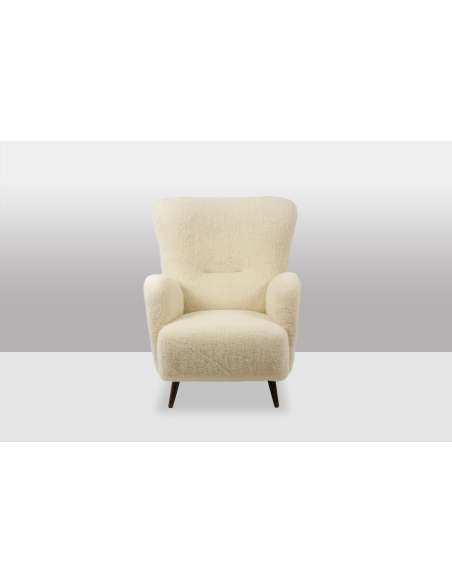 Fauteuil, ou bergère, avec son tissu à bouclettes. Années 1950 -Bozaart