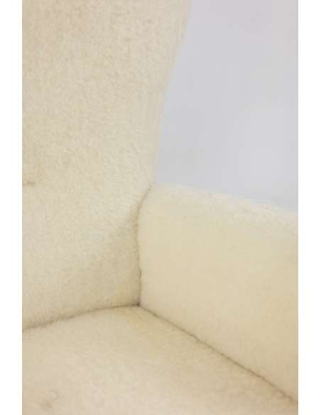 Fauteuil, ou bergère, avec son tissu à bouclettes. Années 1950 -Bozaart