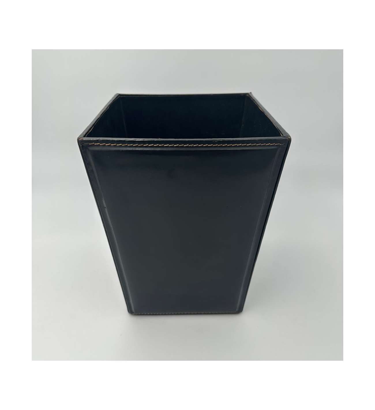 Black Leather Desk Basket with Saddle Stitching In the Style of Jacques Adnet
