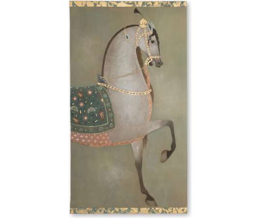 Toile peinte figurant un cheval indien de profil. Travail contemporain