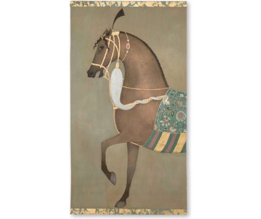 Painted canvas depicting an Indian horse in profile. Contemporary work.