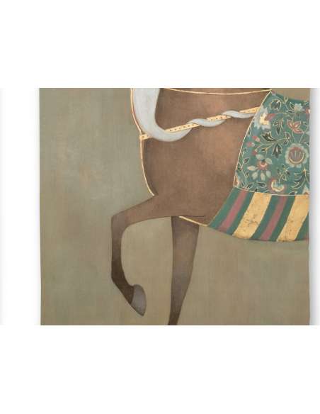 Toile peinte figurant un cheval indien de profil. Travail contemporain. -Bozaart