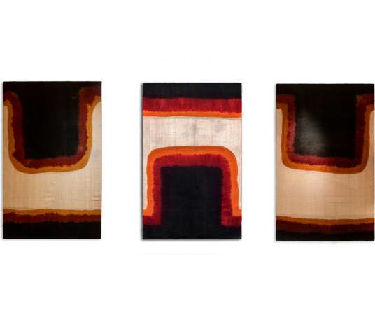 Triptych with geometric decoration in woven wool. Handcrafted, 20th century