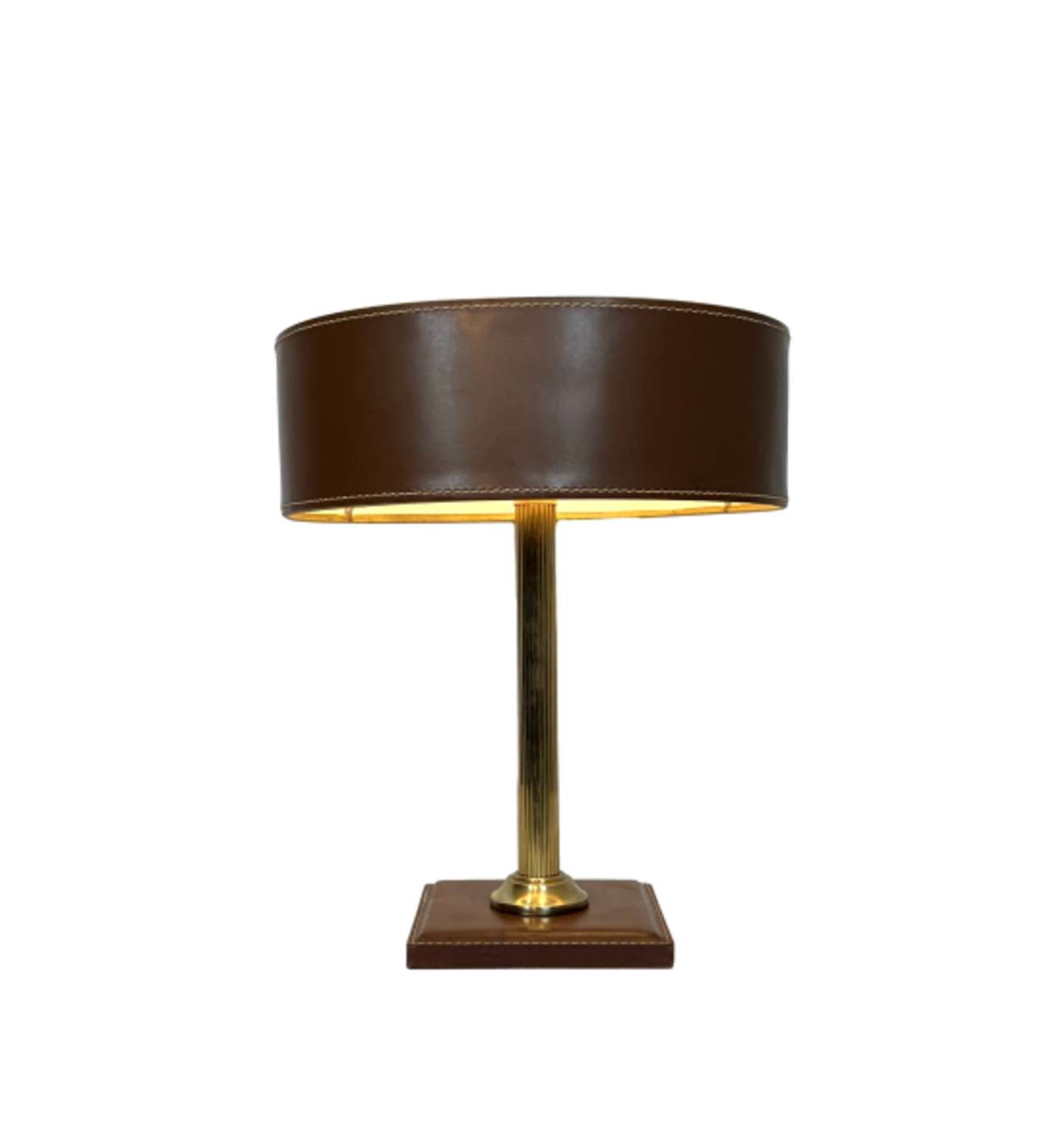 Brown Leather and Brass Desk Lamp in the Style of Jacques Adnet