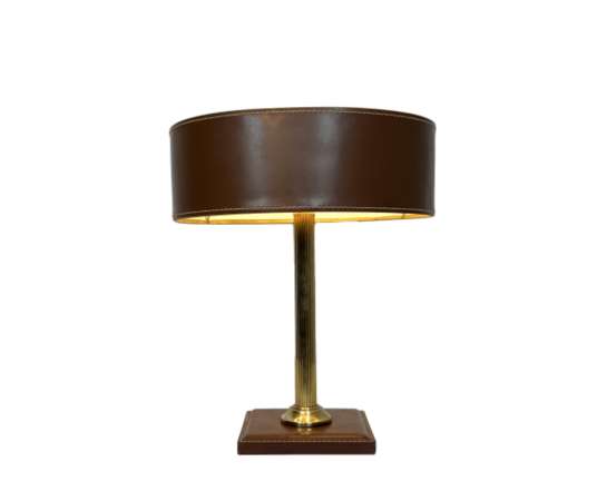 Brown Leather and Brass Desk Lamp in the Style of Jacques Adnet