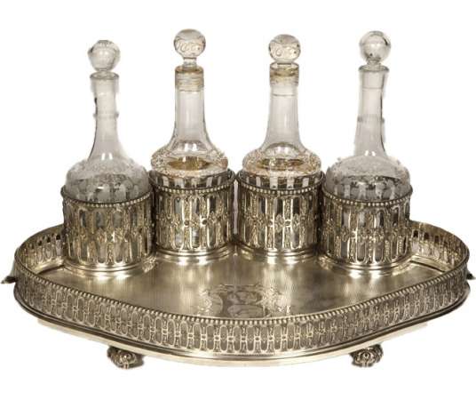 Goldsmith ODIOT - Cabaret in sterling silver and 4 19th century crystal bottles