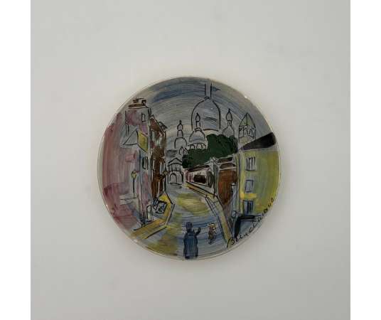 Decorative Ceramic Plate Representing Montmartre and signed L Bemelans "Tapis Vert" Vallauris