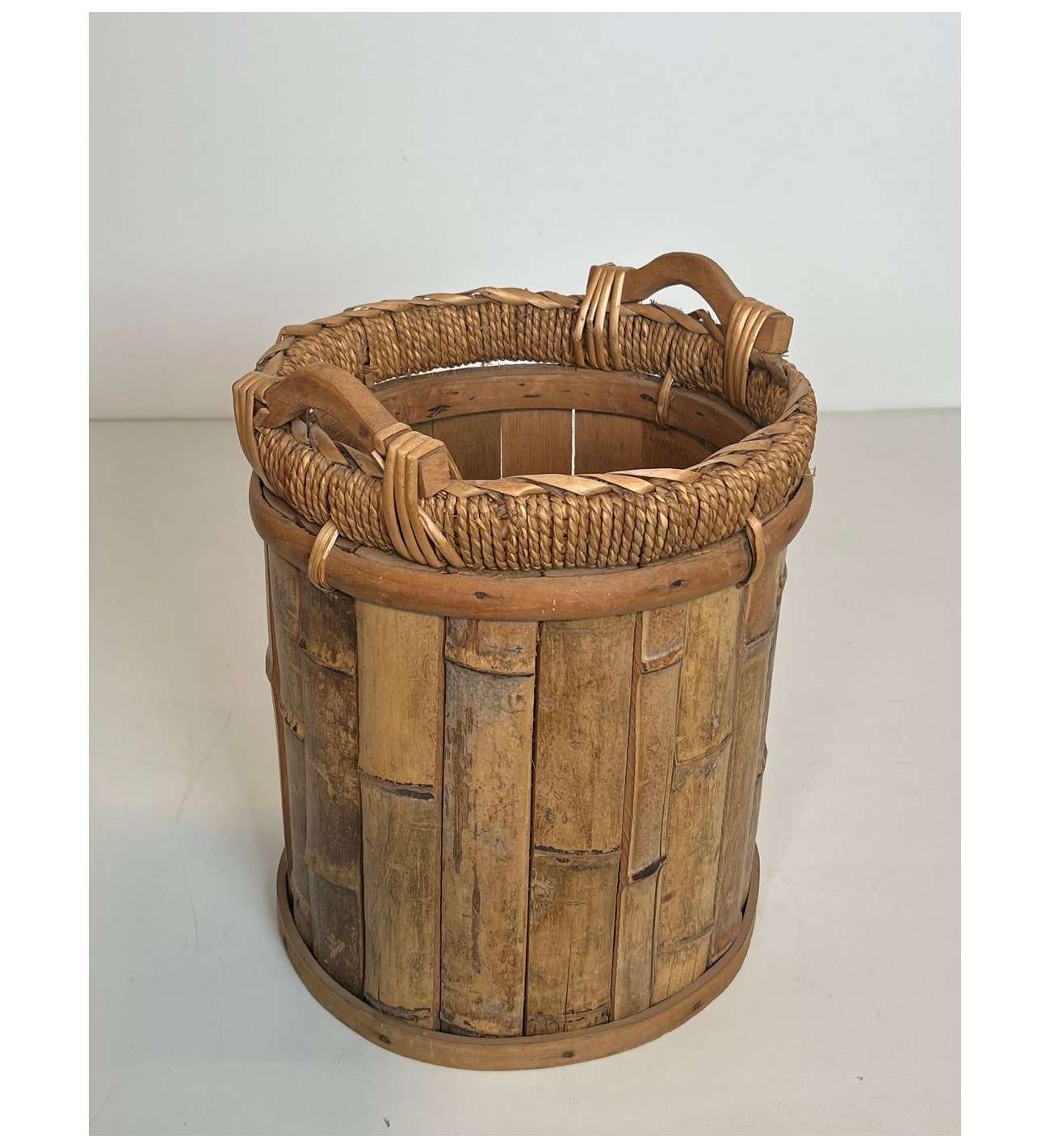 Rattan and Brass Wastebasket