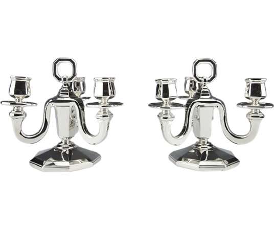 Goldsmith GUSTAVE KELLER -Pair of sterling silver candelabra ART DECO 1930