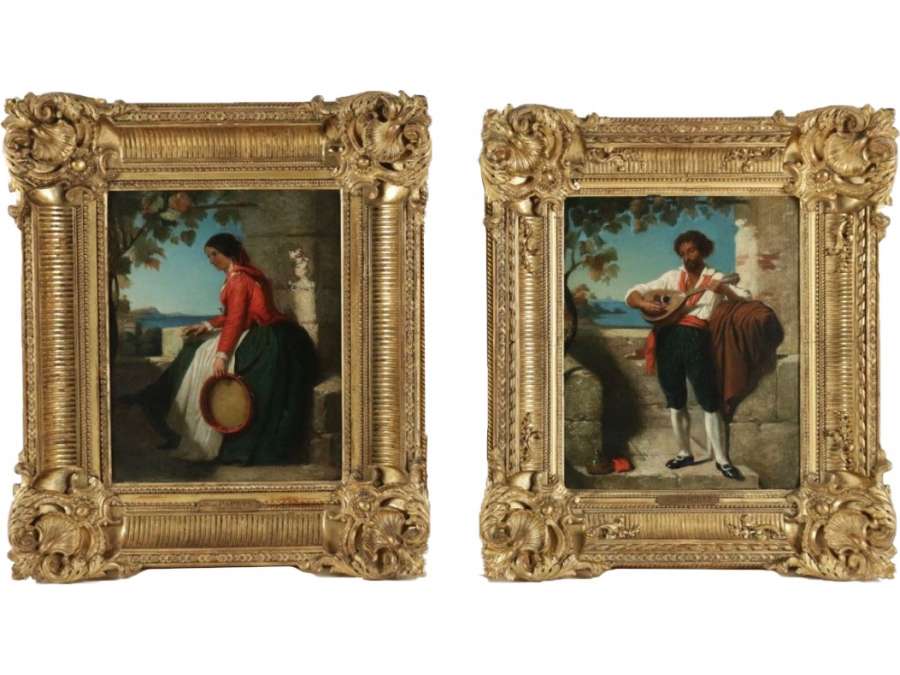 Dominique Louis Papety (Marseille 1815 - 1849 Marseille): Paire de portraits représentant un couple de Napolitains.