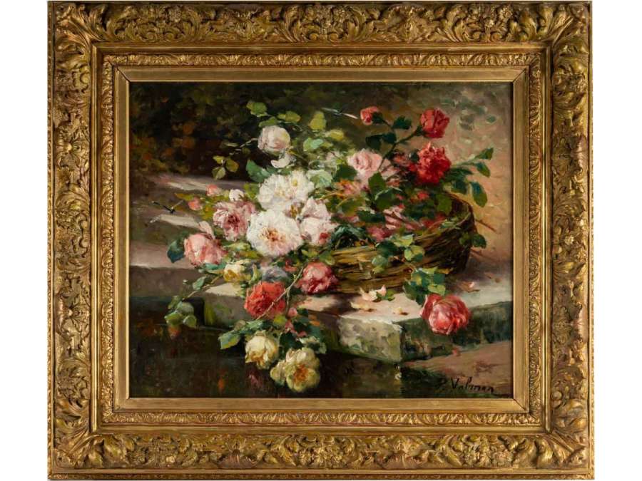 P. Valmon (1850 - 1911): Roses on an entablature.