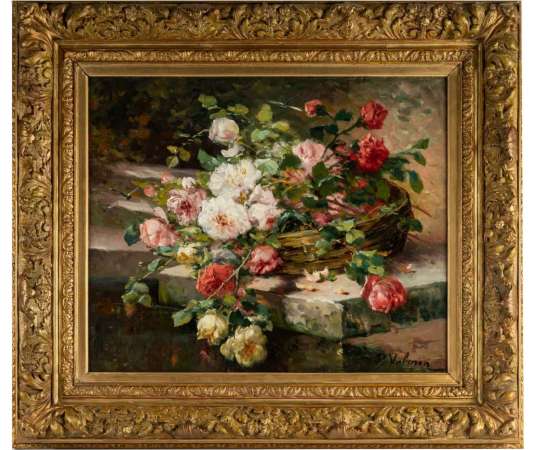 P. Valmon (1850 - 1911): Roses on an entablature.