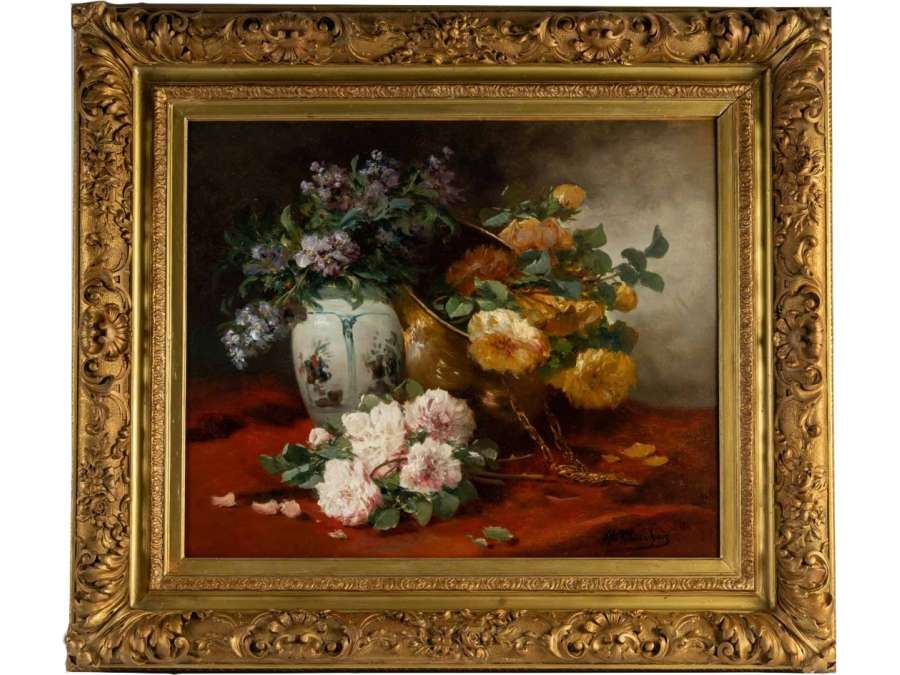 Henri Cauchois (1850 - 1911) : Nature morte aux bouquets de roses.