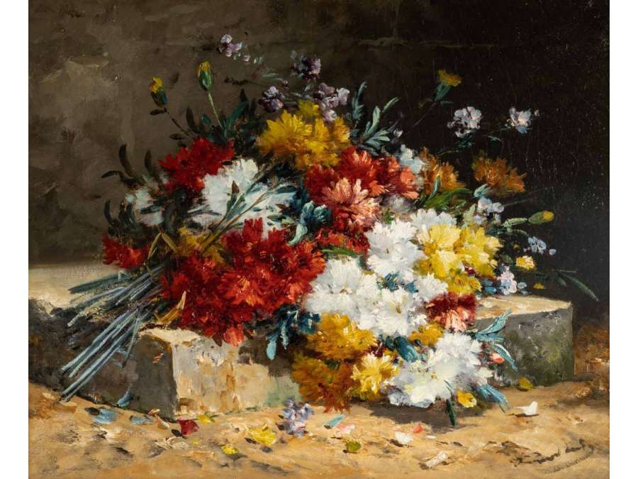 Henri Cauchois (1850 - 1911) : Bouquet d'oeillets sur un entablement.