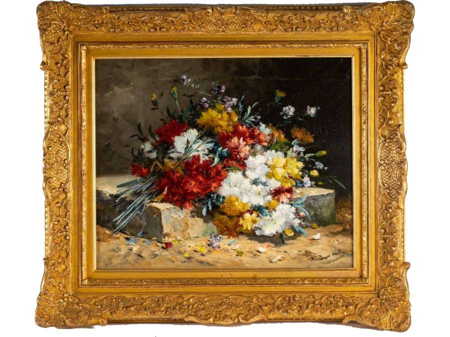 Henri Cauchois (1850 - 1911) : Bouquet d'oeillets sur un entablement.