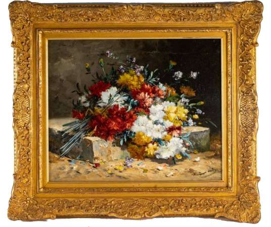 Henri Cauchois (1850 - 1911) : Bouquet d'oeillets sur un entablement.