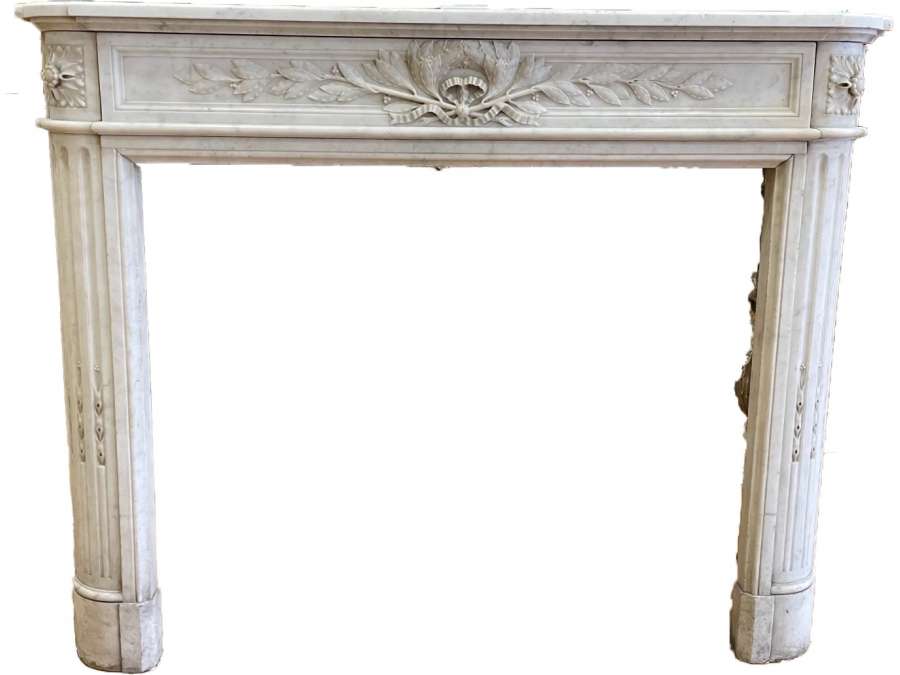 Pretty antique louis xvi style fireplace in white carrara marble with olive branch dating from the end of the 19th century