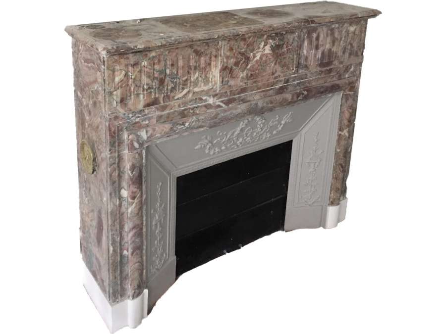Elegant antique Louis XVI style fireplace with hood sculpted with flutes in Villefranche marble -...