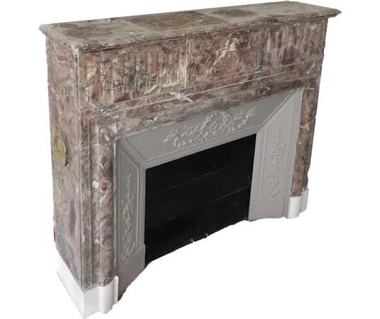 Elegant antique Louis XVI style fireplace with hood sculpted with flutes in Villefranche marble -...