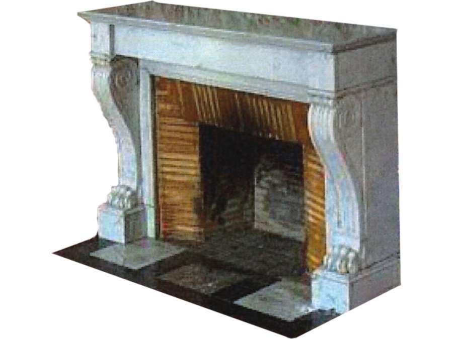 Antique Empire style fireplace known as lion paws in white Carrara marble dating from the end of the 19th century