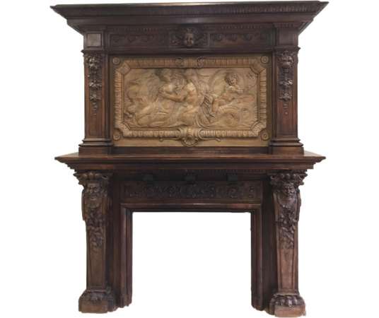 Rare large old wooden fireplace dating from the end of the 19th century
