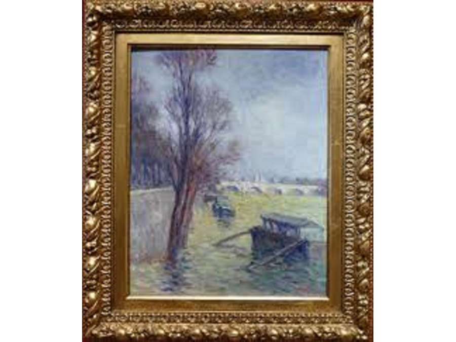 Luce Maximilien Peinture posimpressionniste début 20è siècle Paris, les innondations près du Pont Neuf vers 1910