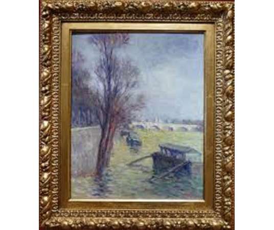 Luce Maximilien Post-impressionist painting early 20th century Paris, the floods near the Pont...