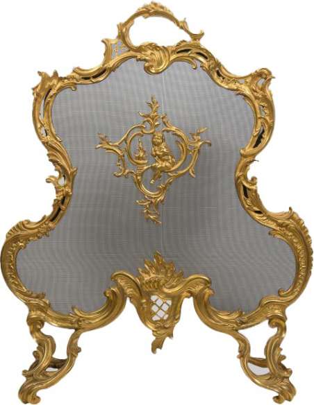 Richly Decorated Louis XV Style Chiseled Bronze Mantel Screen In Perfect Condition. - andirons, fireplace accessories-Bozaart