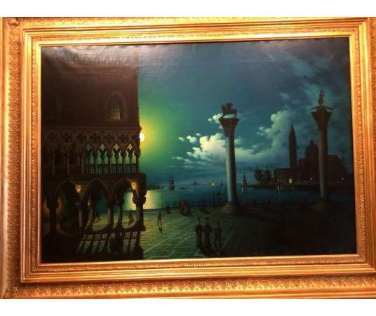 " Venise La Place St Mar Vu Du Pailais Des Doges Au Crépuscule" - Colle Leoni 19e - Tableaux paysages