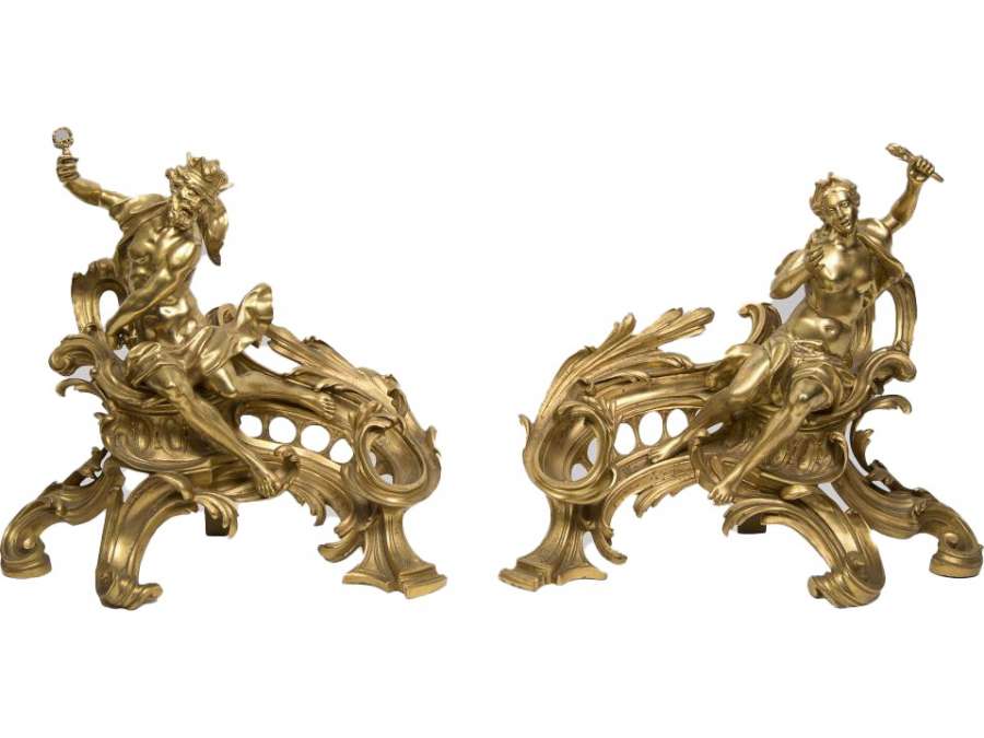 Paire De Chenets En Bronze Doré - Style Louis XV 19e Siecle - chenets, accessoires de cheminée