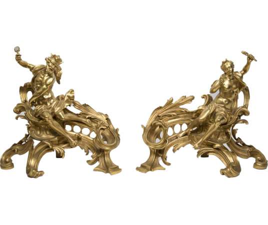 Pair Of Gilt Bronze Andirons - Louis XV Style 19th Century - andirons, fireplace accessories