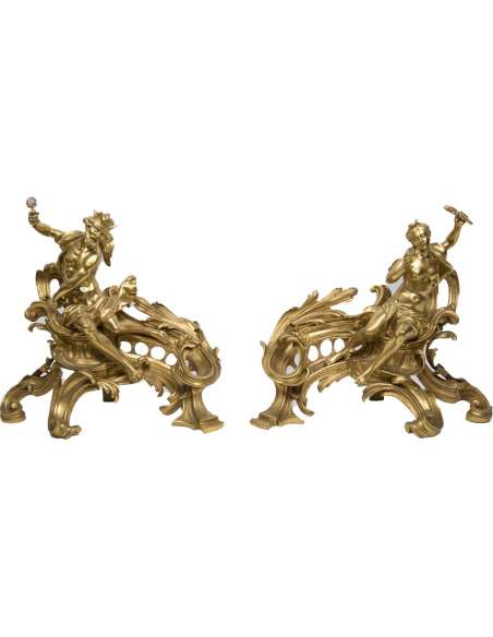 Paire De Chenets En Bronze Doré - Style Louis XV 19e Siecle - chenets, accessoires de cheminée-Bozaart