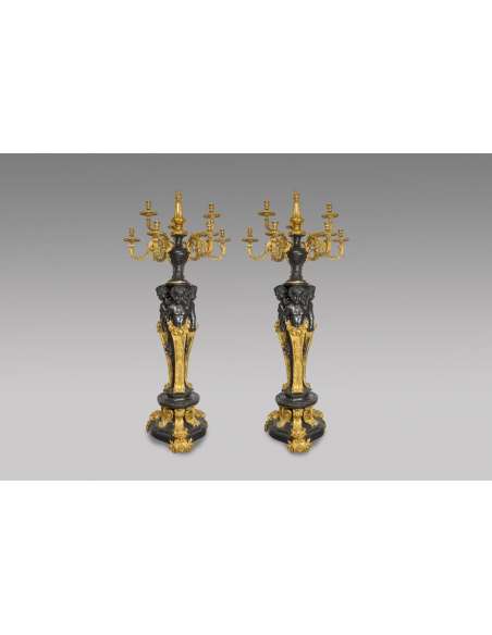 Pair Of Bronze Matte And Gold Candelabras - Napoleon III Style With Babies - Candelabras-Bozaart