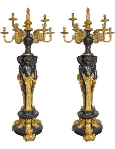 Pair Of Bronze Matte And Gold Candelabras - Napoleon III Style With Babies - Candelabras-Bozaart