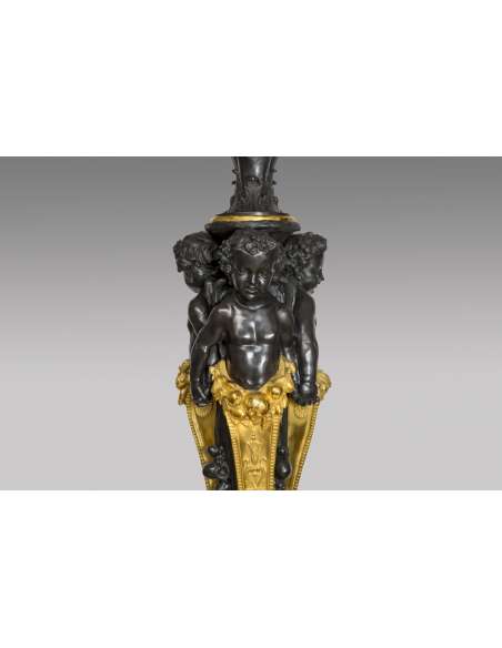 Pair Of Bronze Matte And Gold Candelabras - Napoleon III Style With Babies - Candelabras-Bozaart
